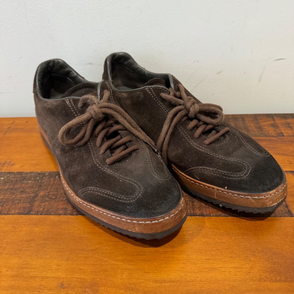 Santoni Mens Dark Brown Suede Low Top Sneakers Italy Made Ribbed Sole Brown US 6